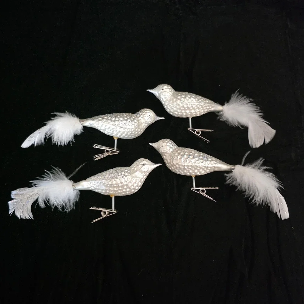 Silver Pearlized Glitter Glass Bird Ornaments w/ Feather Tails Clip On Set 4 7